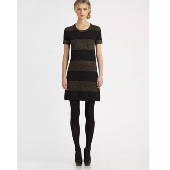 KATE SPADE Freyda Sparkle Stripe Wool Blend Knit Black Gold Dress Sz M 388$ - Picture 2 of 6